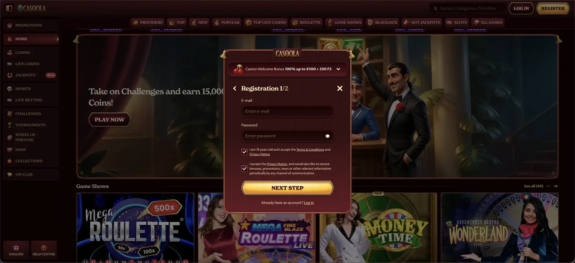 Registrierung bei Casoola Casino