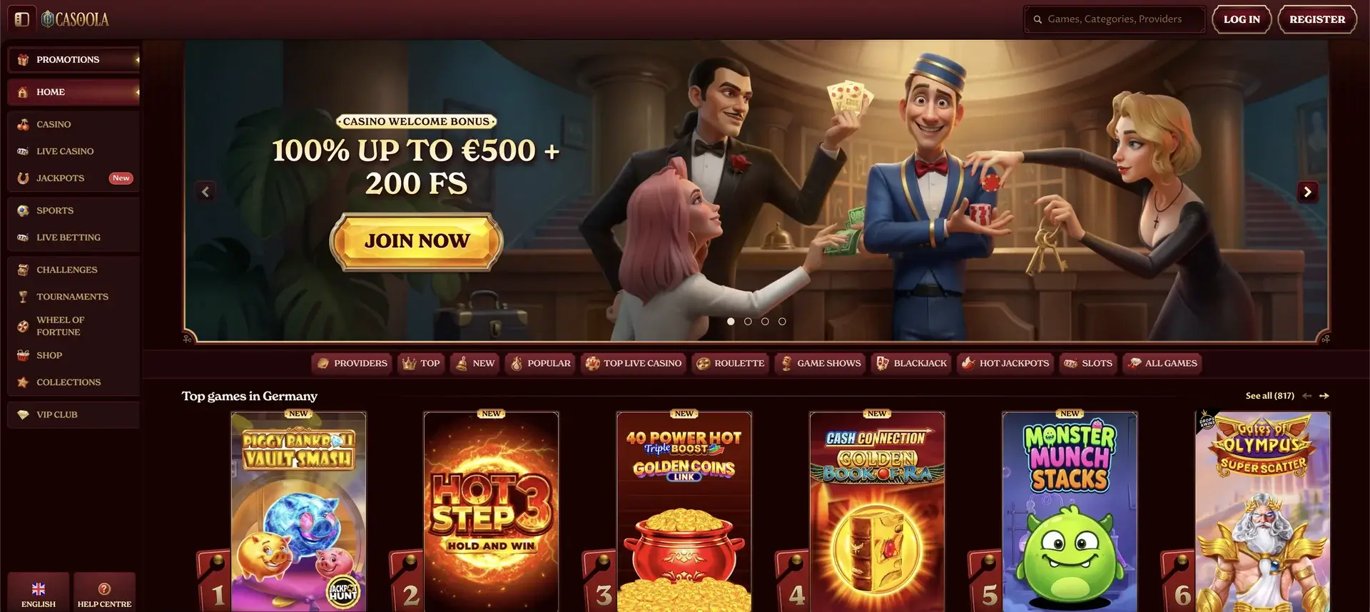 Startseite und Lobby von Casoola Casino